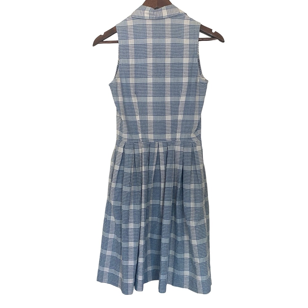 Esprit Plaid Women Sleeveless Vintage Dress Blue Double Breasted Cotton Pleated - Picture 2 of 10